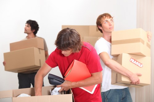 Removal team planning a house move in a French city street