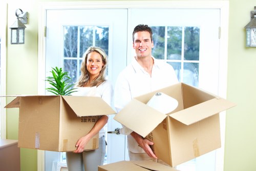 Boxes and furniture prepared for a home removal in France